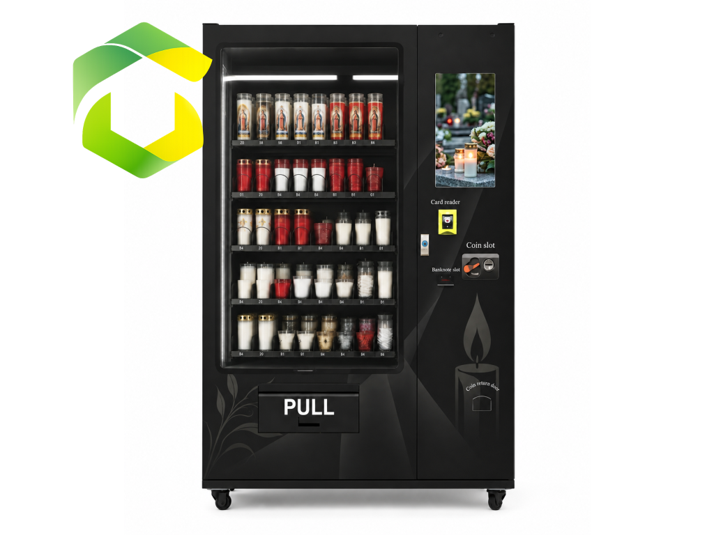 Venkovní automat na skleněné hřbitovní svíčky s výtahovým výdejem
