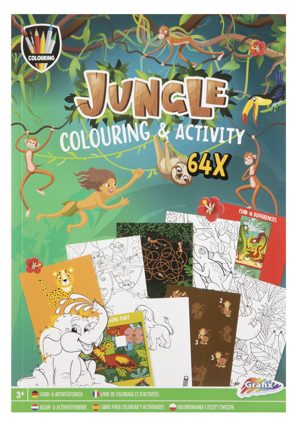 Fotografie Kreativní zábavní sešit Džungle - omalovánky, spojovačky, hádanky 64 stránek