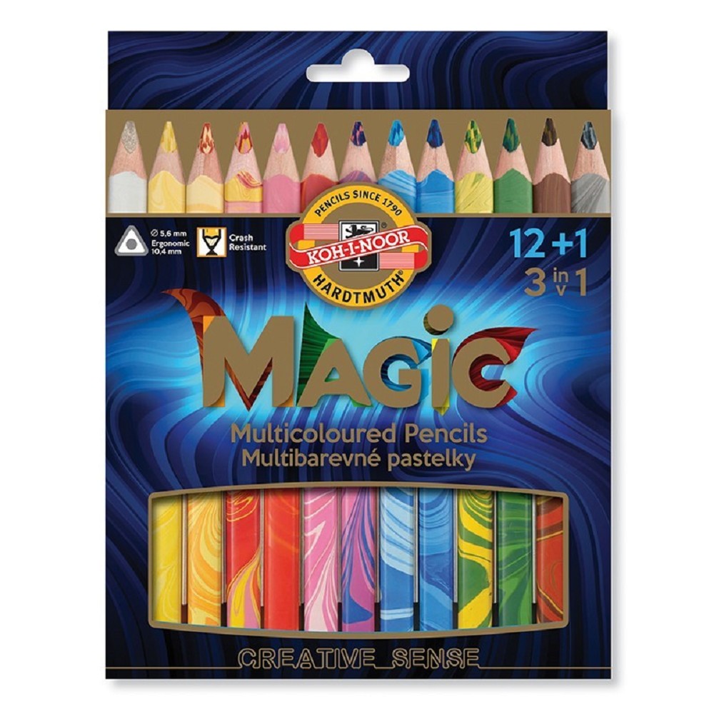 Fotografie KOH-I-NOOR - Pastelky trojhranné "MAGIC 3408" s vícebarevným tuhou sada 12 + 1 ks