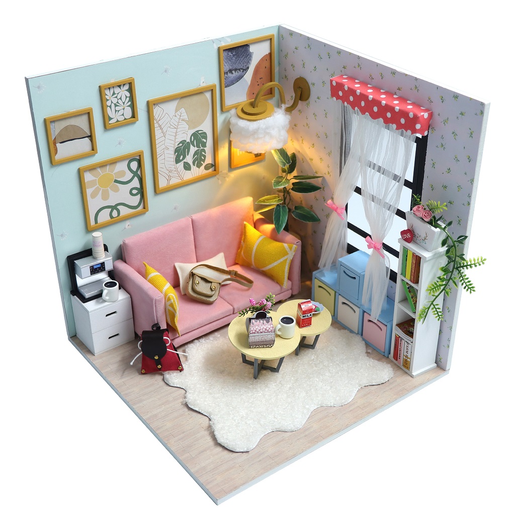 Fotografie Dvěděti miniatura domečku Obývací pokoj Sluneční paprsek