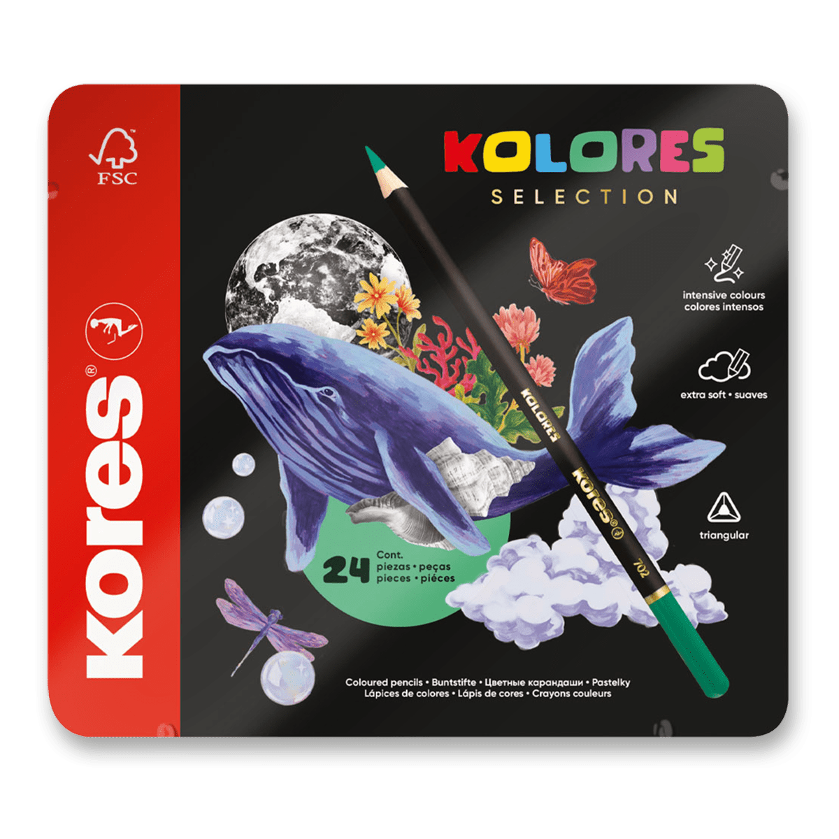 Fotografie Trojhranné pastelky Kores Kolores Selection - plechová krabička, 24 barev