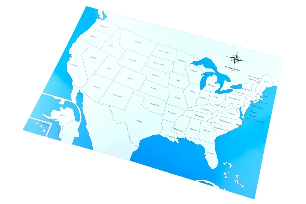 Montessori Kontrolní mapa - USA Nová - s popisky