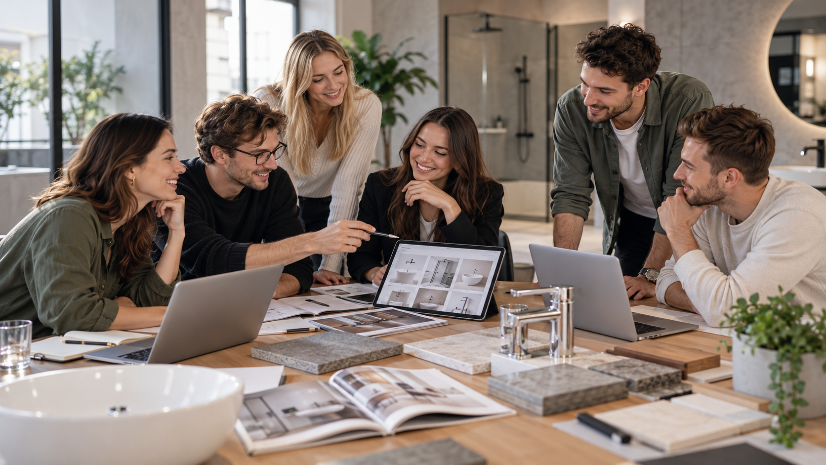 Tým Cerano společně vybírá materiály a baterie u stolu v koupelnovém designovém studiu