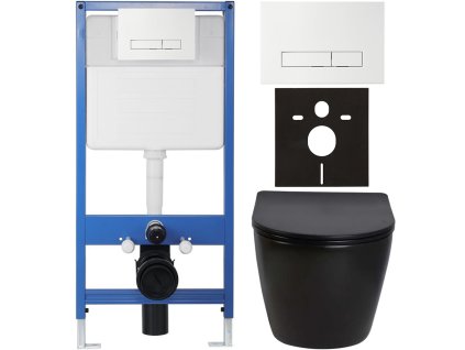 CERANO - Kompletní podomítkový WC set Lite/Verde - černá lesklá - WC tlačítko Slim, bílé - předstěnová instalace/sádrokarton - 49x36 cm