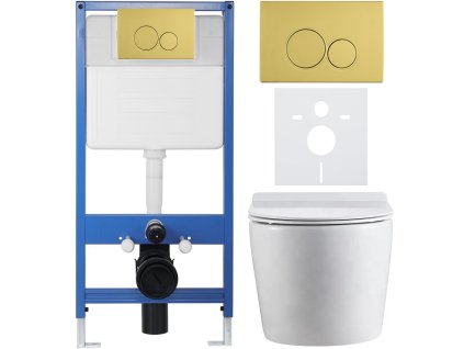 CERANO - Kompletní podomítkový WC set Lite/Felci - bílá lesklá - WC tlačítko Duo, zlatá - předstěnová instalace - 52,5x36 cm