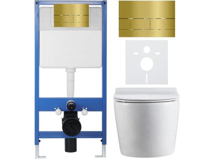 CERANO - Kompletní podomítkový WC set Lite/Felci - bílá lesklá - WC tlačítko Line, zlatá - předstěnová instalace - 52,5x36 cm