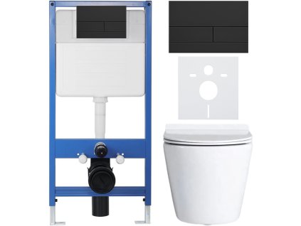 CERANO - Kompletní podomítkový WC set Lite/Norbi - bílá lesklá - WC tlačítko Line, černá matná - předstěnová instalace - 48,5x36,5 cm