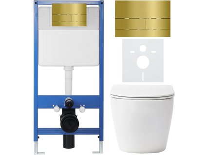 CERANO - Kompletní podomítkový WC set Lite/Verde - bílá matná - WC tlačítko Line, zlatá - předstěnová instalace - 49x36 cm