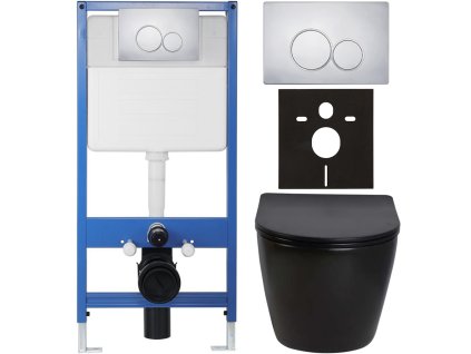 CERANO - Kompletní podomítkový WC set Lite/Verde - černá lesklá - WC tlačítko Duo, chrom - předstěnová instalace - 49x36 cm