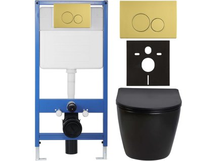 CERANO - Kompletní podomítkový WC set Lite/Verde - černá lesklá - WC tlačítko Duo, zlatá - předstěnová instalace - 49x36 cm