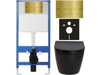 CERANO - Kompletní podomítkový WC set Lite/Verde - černá lesklá - WC tlačítko Line, zlatá - předstěnová instalace - 49x36 cm