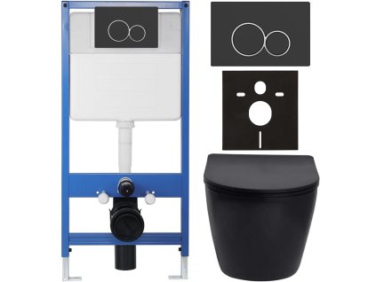 CERANO - Kompletní podomítkový WC set Lite/Verde - černá matná - WC tlačítko Duo, černá matná - předstěnová instalace - 49x36 cm