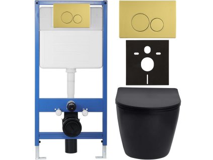 CERANO - Kompletní podomítkový WC set Lite/Verde - černá matná - WC tlačítko Duo, zlatá - předstěnová instalace - 49x36 cm