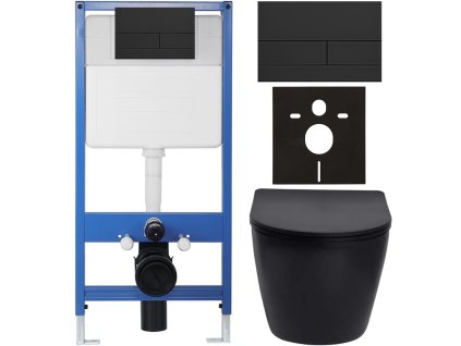 CERANO - Kompletní podomítkový WC set Lite/Verde - černá matná - WC tlačítko Line, černá matná - předstěnová instalace - 49x36 cm