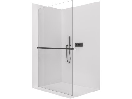 CERANO - Walk-in Crystal zuhanykabin bal/jobb - 8 mm + polc/törölközőtartó - merevítő nélküli rendszer - matt fekete, átlátszó üveg - 60x200 cm