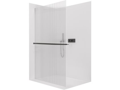 CERANO - Walk-in kristály zuhanyfal bal/jobb - 8 mm + polc/törölközőtartó - merevítő nélküli rendszer - matt fekete, rovátkolt üveg - 140x200 cm