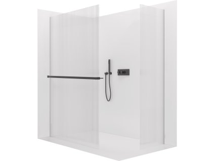 CERANO - Walk-in Crystal TL/P zuhanyfal - 8 mm - merevítő nélküli rendszer + törölközőtartó polc/tartó - matt fekete, rovátkolt üveg - 130x120x200 cm
