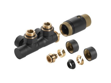 393837 2 cerano pripojovaci sada radiatoroveho ventilu s termostatickou hlavici stredove pripojeni 50mm cerna matna zlata leskla