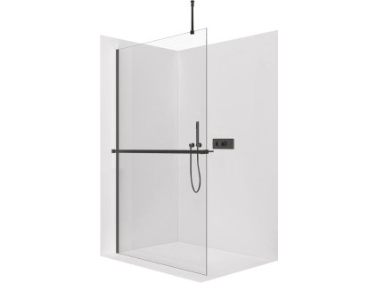 CERANO - Zuhanykabin Onyx Top Round B/J - 8 mm - kerek tartó + polc/törölközőtartó - matt fekete, átlátszó üveg - 30x200 cm