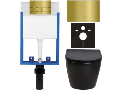 CERANO - Komplett falsík alatti WC-szett Lite/Verde - fényes fekete - WC-nyomógomb Line, arany - fali szereléshez - 49x36 cm