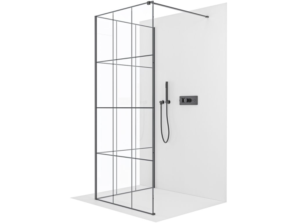 CERANO - Kabina prysznicowa typu walk-in Onyx Corner Cube L/P - 8 mm - wspornik kwadratowy - matowa czerń, szkło industrialne - 120x120x200 cm