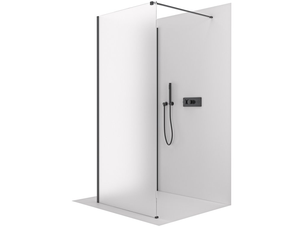 CERANO - Kabina prysznicowa typu walk-in Onyx Corner Cube L/P - 8 mm - wspornik kwadratowy - czarny mat, szkło mrożone - 70x30x200 cm