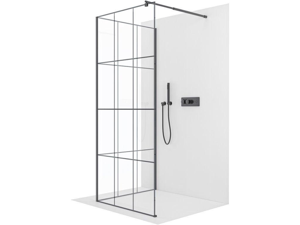 CERANO - Kabina prysznicowa typu walk-in Onyx Corner Round L/P - 8 mm - wspornik okrągły - matowa czerń, szkło industrialne - 140x120x200 cm