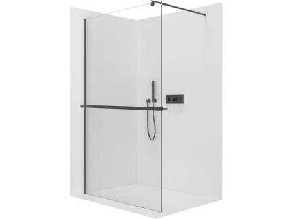 CERANO - Kabina prysznicowa typu walk-in Onyx Round L/P - 8 mm + półka/uchwyt na ręcznik - wspornik okrągły - matowa czerń, szkło transparentne - 60x200 cm