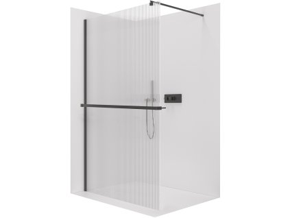 CERANO - Parawan prysznicowy typu walk-in Onyx Round L/P - 8 mm + półka/uchwyt na ręcznik - wspornik okrągły - czarny mat, szkło ryflowane - 60x200 cm