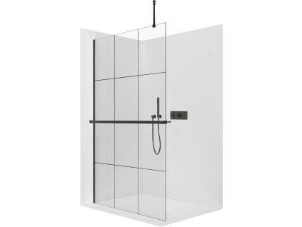 CERANO - Kabina prysznicowa typu walk-in Onyx Top Round L/P - 8 mm - okrągły wspornik + półka/uchwyt na ręcznik - matowa czerń, szkło industrialne - 90x200 cm