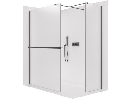 CERANO - Ścianka kabiny prysznicowej typu walk-in Onyx TL/P - 8 mm - wspornik kwadratowy + półka/uchwyt na ręcznik - matowa czerń, szkło mrożone - 80x50x200 cm