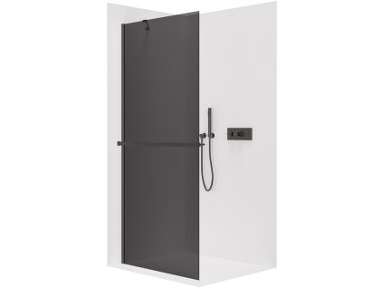 CERANO - Parawan prysznicowy typu walk-in Onyx YL/P - 8 mm - wspornik okrągły + półka/uchwyt na ręcznik - matowa czerń, szkło grafitowe - 40x200 cm