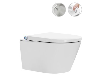 CERANO - podwieszana toaleta z wbudowanym bidetem elektronicznym Cronus Standard, Vortex Rimless 180° + deska UF - połysk biały - 59,3 x 38,4 cm