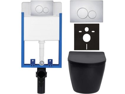 CERANO - Kompletny zestaw WC podtynkowy Lite/Verde - matowa czerń - Przycisk WC Duo, chrom - do montażu ściennego - 49x36 cm