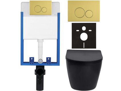 CERANO - Kompletny zestaw WC podtynkowy Lite/Verde - matowa czerń - Przycisk WC Duo, złoty - do montażu ściennego - 49x36 cm