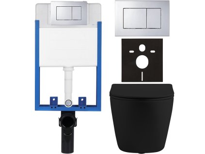 CERANO - Kompletný podomietkový WC set Lite/Cesso - čierna matná - WC tlačidlo Classic, chróm - na zamurovanie - 49x36 cm