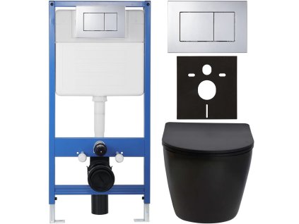 CERANO - Kompletný podomietkový WC set Lite/Verde - čierna matná - WC tlačidlo Classic, chróm - predstenová inštalácia / sadrokartón - 49x36 cm