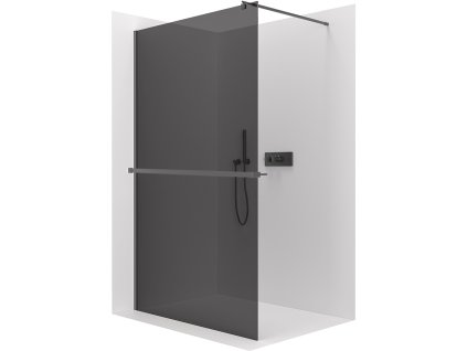 CERANO - Sprchová zástena Walk-in Onyx Round Ľ/P - 8 mm - okrúhla vzpera + polička/držiak na uteráky - čierna matná, grafitové sklo - 30x200 cm