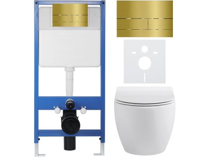 CERANO - Kompletný podomietkový WC set Lite/Dure - biela lesklá - WC tlačidlo Line, zlatá - predstenová inštalácia - 51,5x35 cm