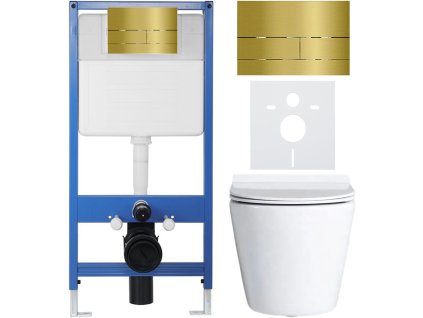 CERANO - Kompletný podomietkový WC set Lite/Norbi - biela lesklá - WC tlačidlo Line, zlatá - predstenová inštalácia - 48,5x36,5 cm