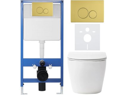 CERANO - Kompletný podomietkový WC set Lite/Verde - biela matná - WC tlačidlo Duo, zlatá - predstenová inštalácia - 49x36 cm