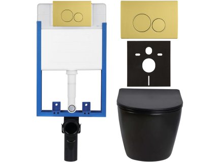 CERANO - Kompletný podomietkový WC set Lite/Verde - čierna lesklá - WC tlačidlo Duo, zlatá - na zamurovanie - 49x36 cm