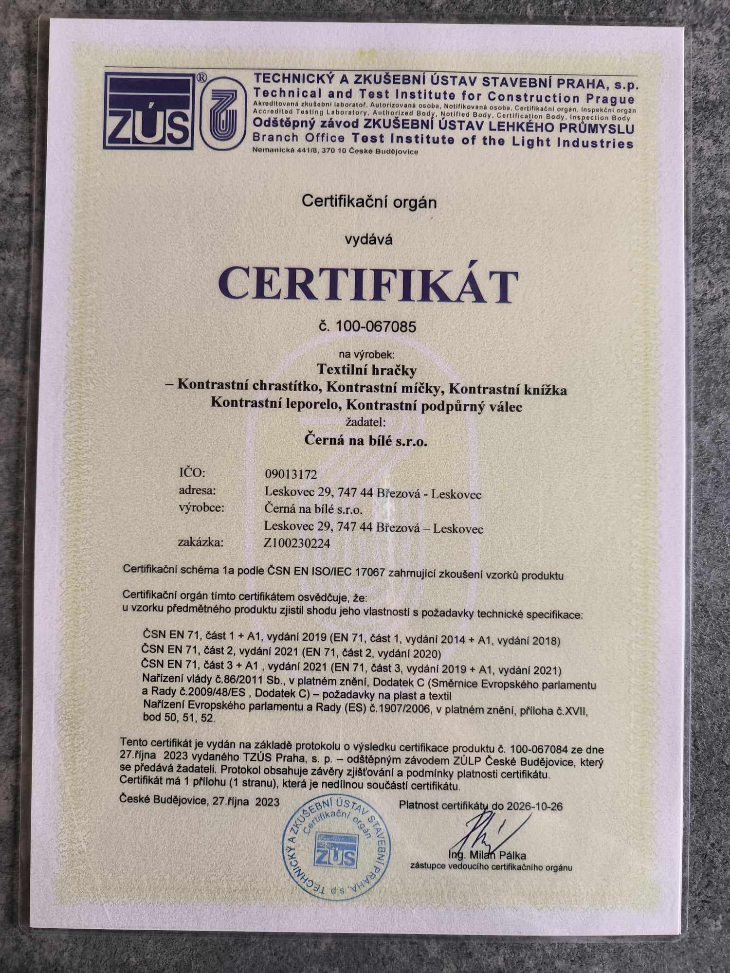 Certifikát ČSN EN 71