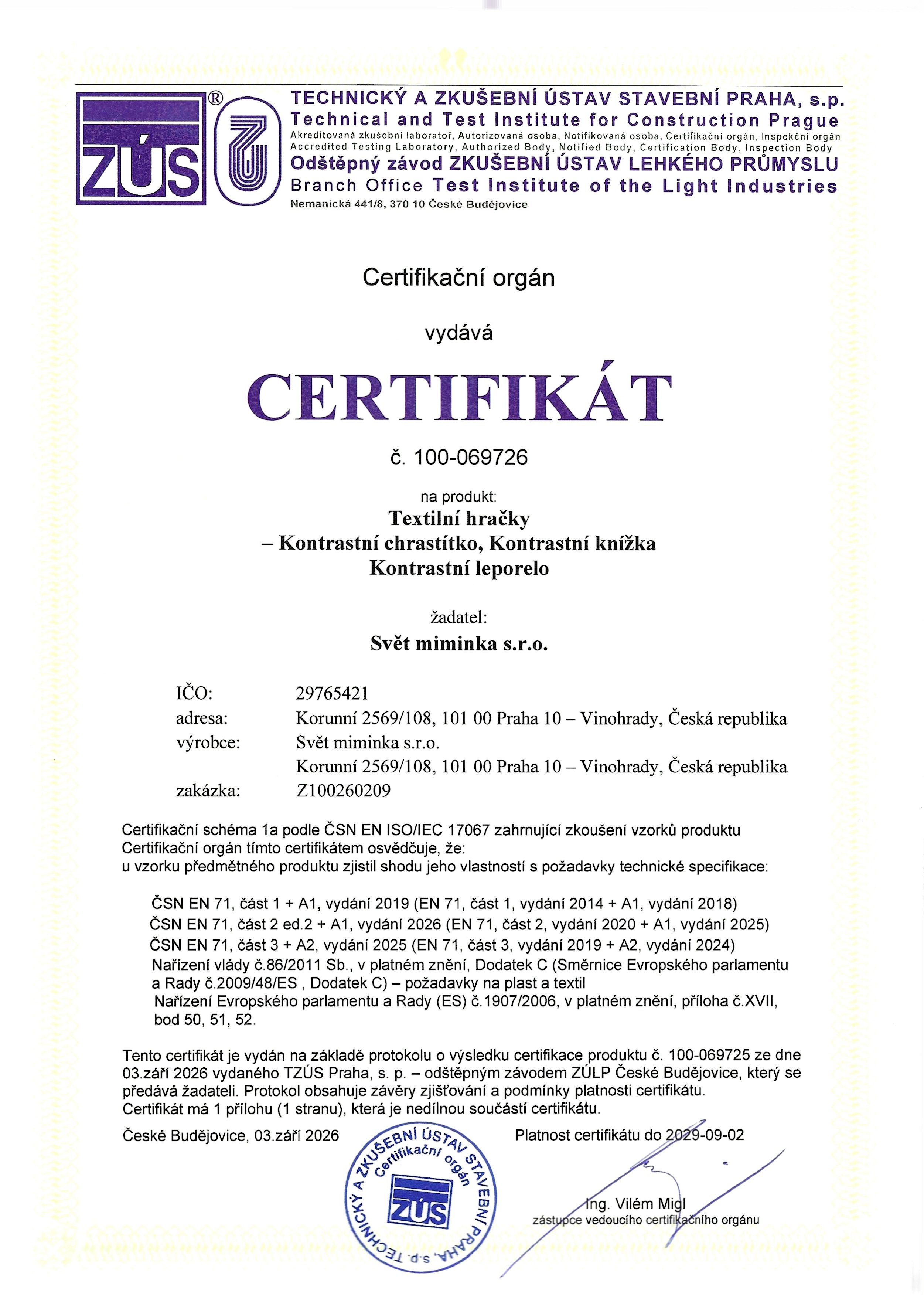 Certifikát bezpečnosti textilních hraček Černá na bílé