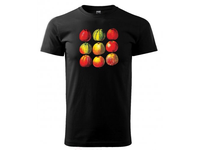 Černé tričko s potiskem ovoce jablka