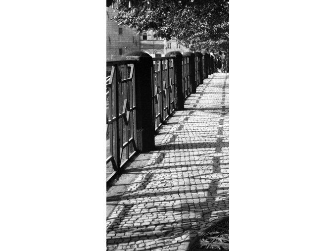 Zábradlí a stíny na nábřeží (802), Praha 1960 červenec, černobílý obraz, stará fotografie, prodej