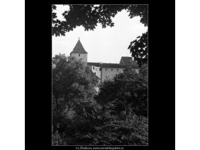 Černá věž mezi listovím (359-2), Praha 1959 , černobílý obraz, stará fotografie, prodej