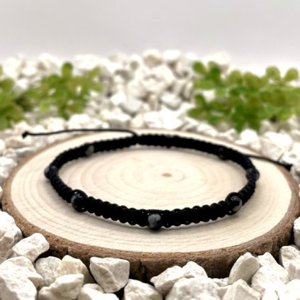 Pletený macramé náramek s obsidiánem vločkovým