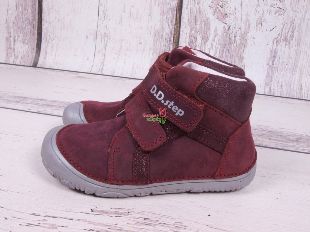 Celoroční kožené boty obuv BAREFOOT D. D. step A073-874A kotníkové bordó s  šedou - Červený Tulipán