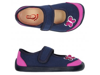 Papuče plátenky 3F 3BE2/7 bar3foot super flexi ružovomodré s motýlikom barefoot, suchý zips
